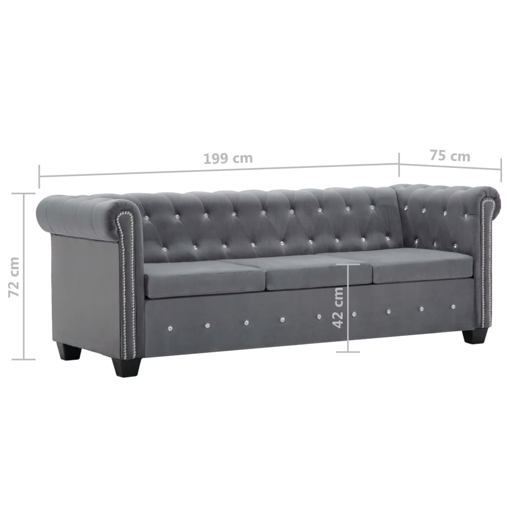 Boulevard – Chesterfieldsoffa 3-sits sammet 199x75x72 cm grå