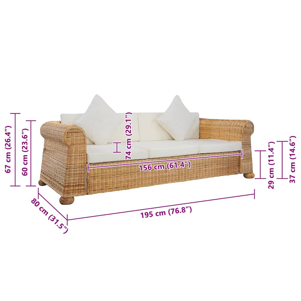 Sorento - 3-sitssoffa med dynor äkta rotting