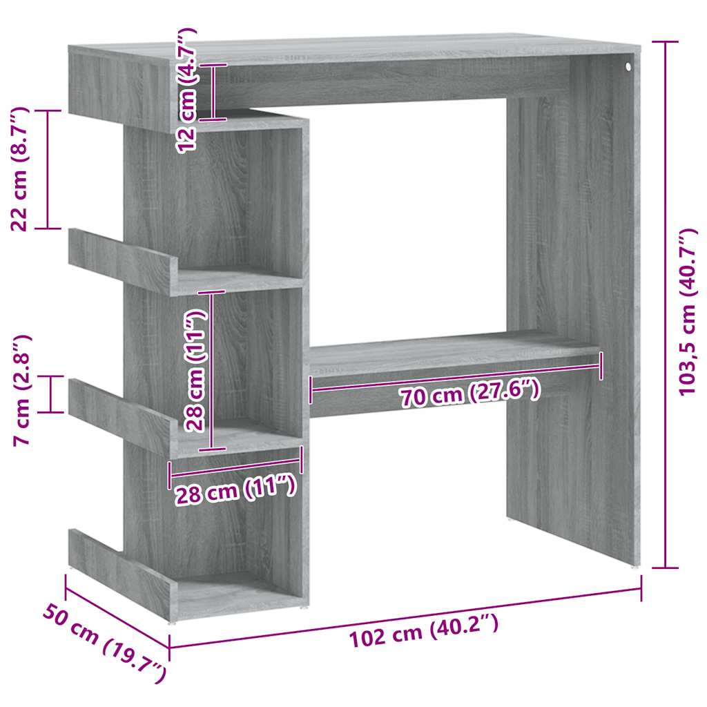 Barbord med hyllor grå sonoma 100x50x101,5 cm