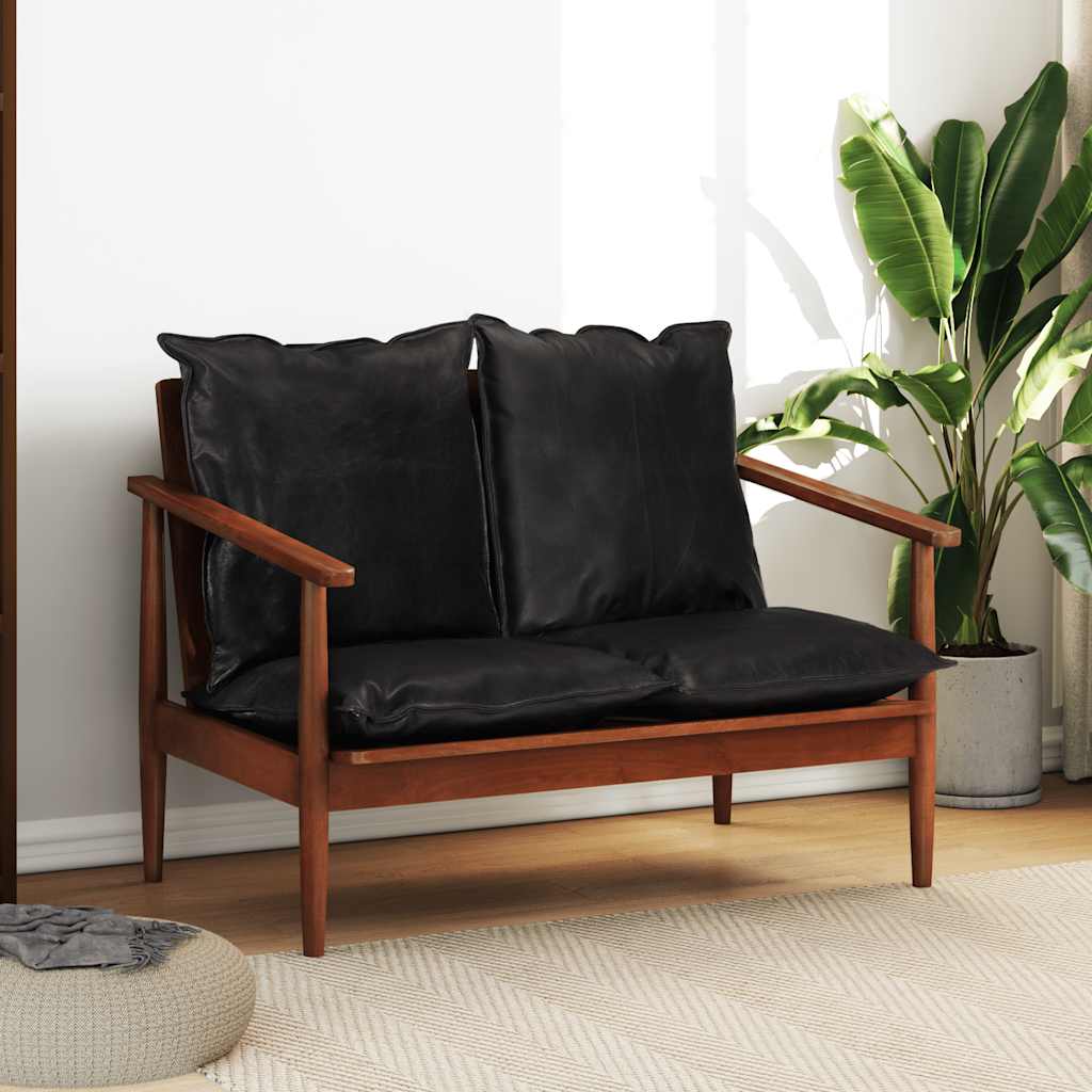 2-sitssoffa äkta läder och massivt akaciaträ svart