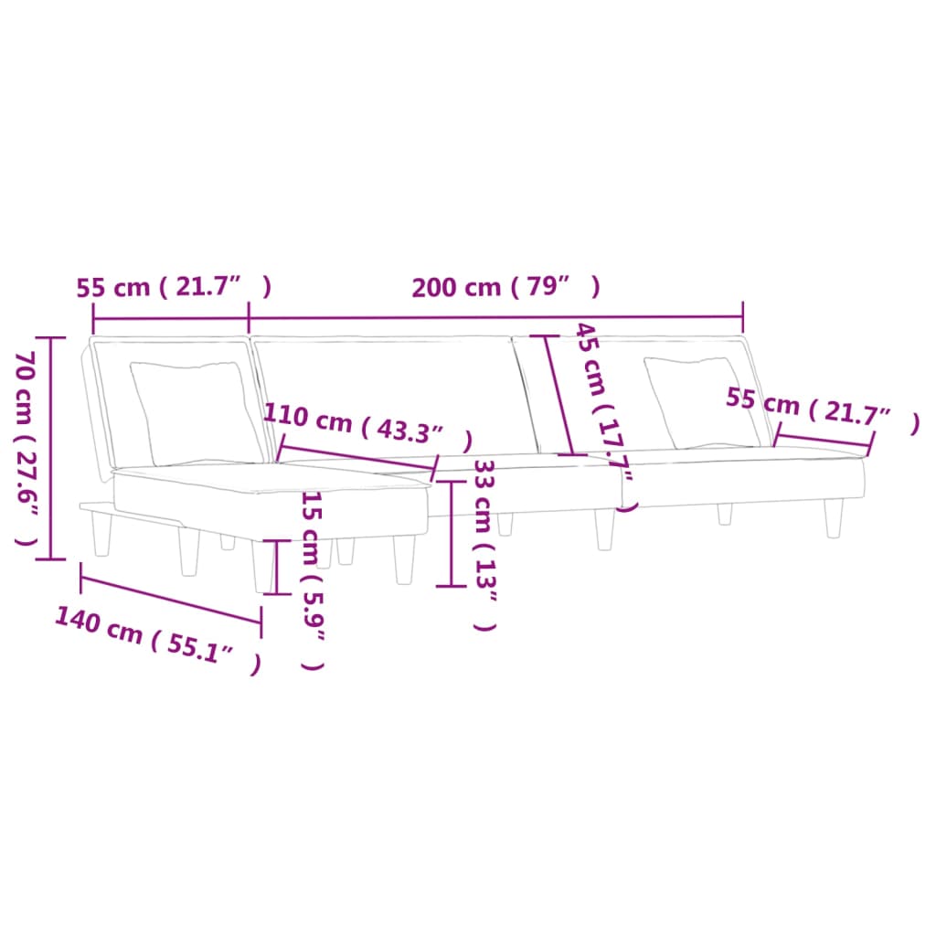 Rovento - L-formad bäddsoffa svart 255x140x70 cm tyg