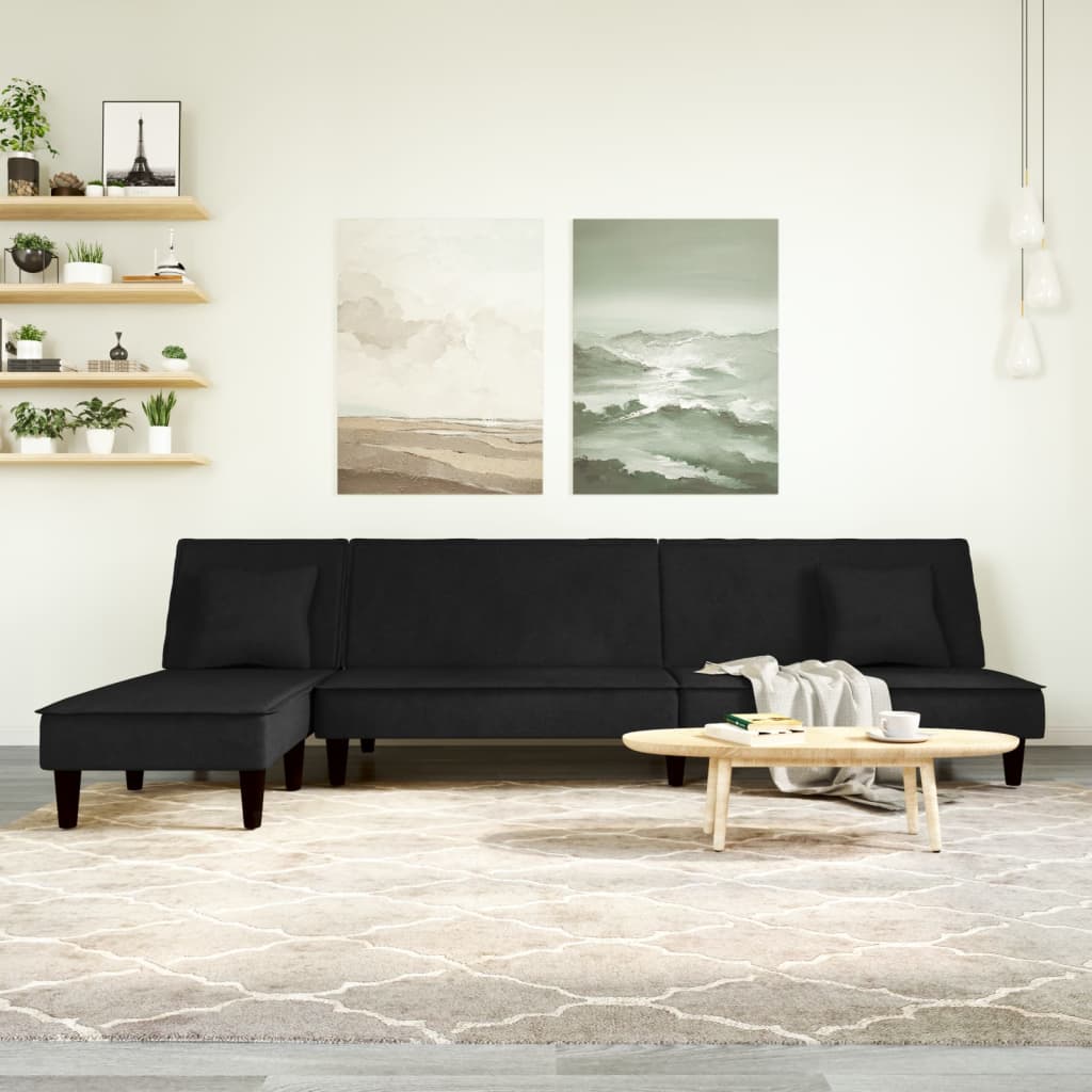 Solvira - L-formad bäddsoffa svart 255x140x70 cm sammet