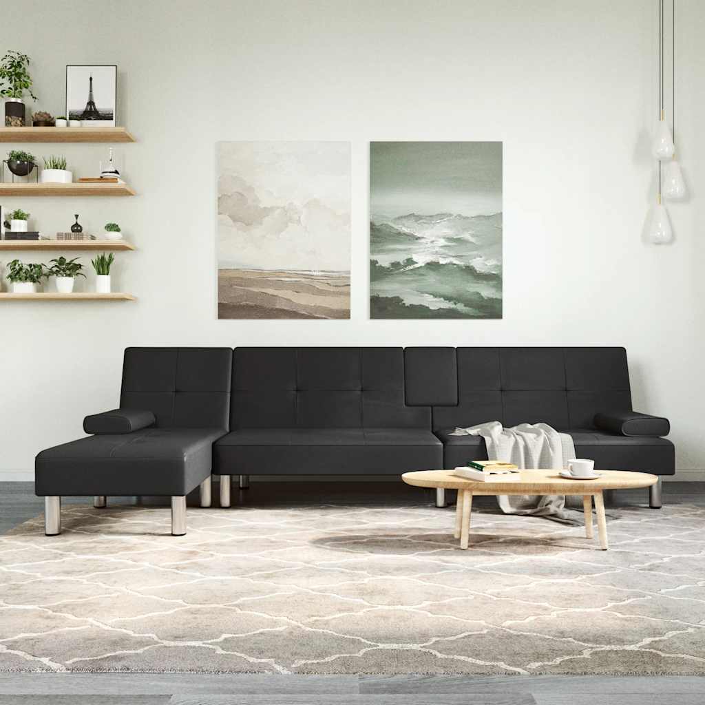 Aureon - L-formad bäddsoffa svart 255x140x70 cm konstläder