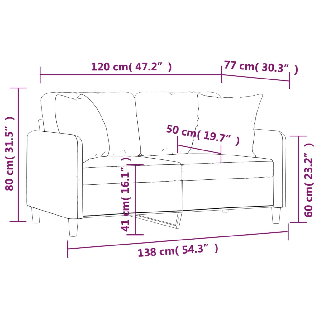 2-sits soffa med prydnadskuddar ljusgrå 120 cm tyg
