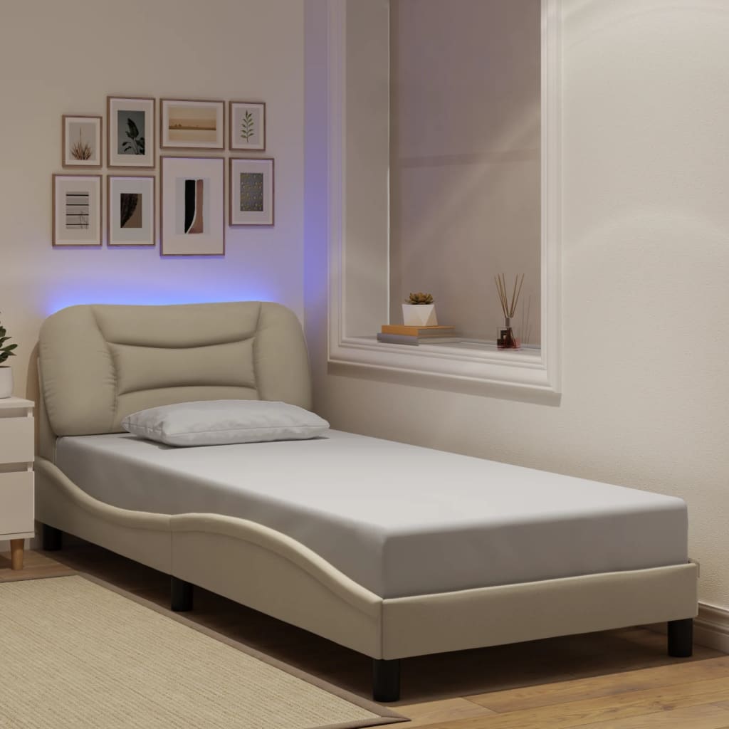 Bed Frame with LED without Mattress "Hvar" Cream 90x190 cm Fabric