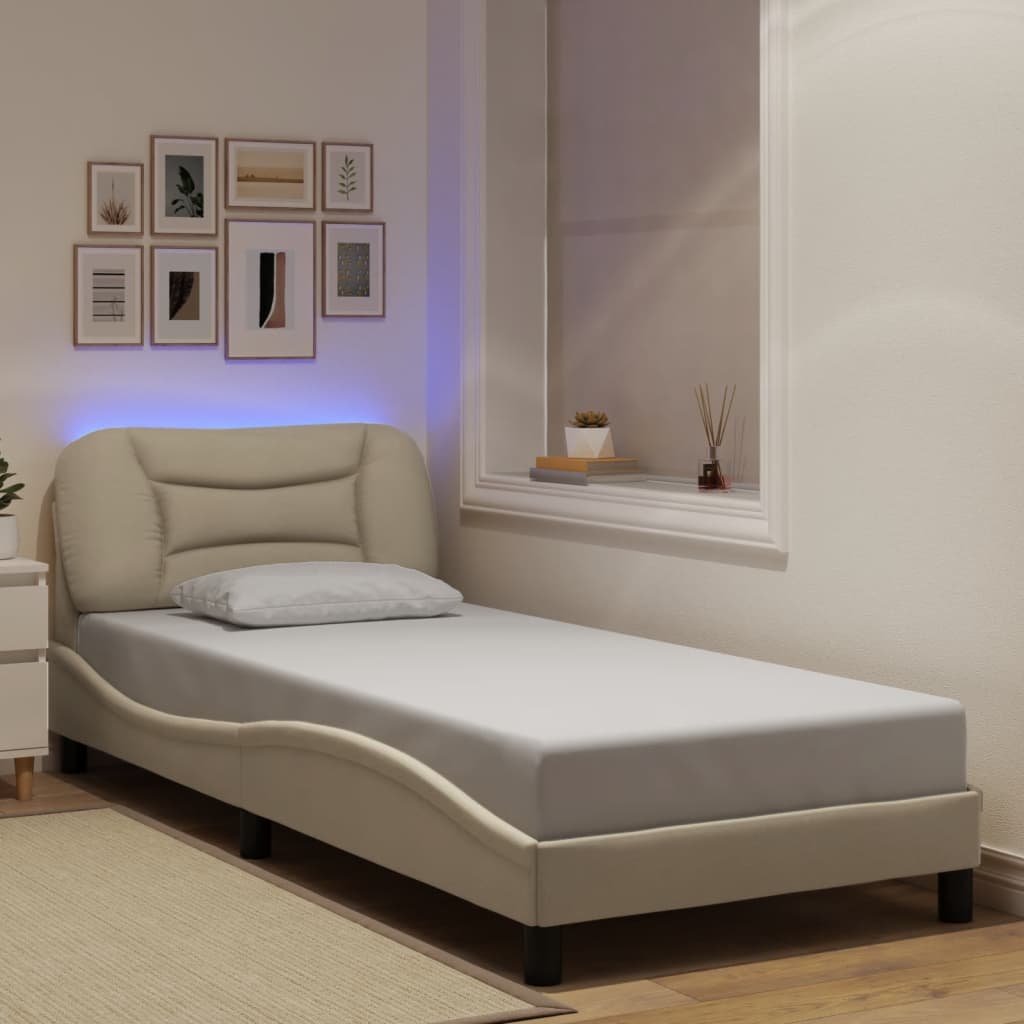 Bed Frame with LED without Mattress "Hvar" Cream 90x200 cm Fabric