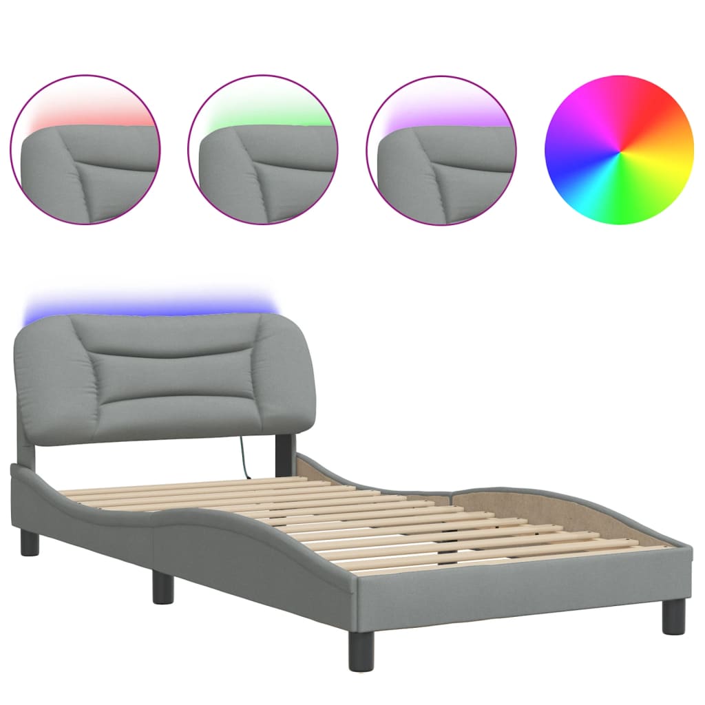 Bed Frame with LED without Mattress "Hvar" Light Grey 100x200 cm Fabric
