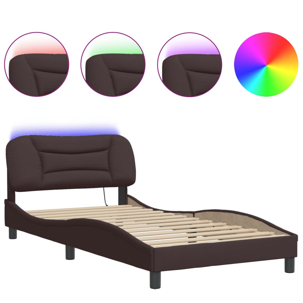 Bed Frame with LED without Mattress "Hvar" Dark Brown 100x200 cm Fabric