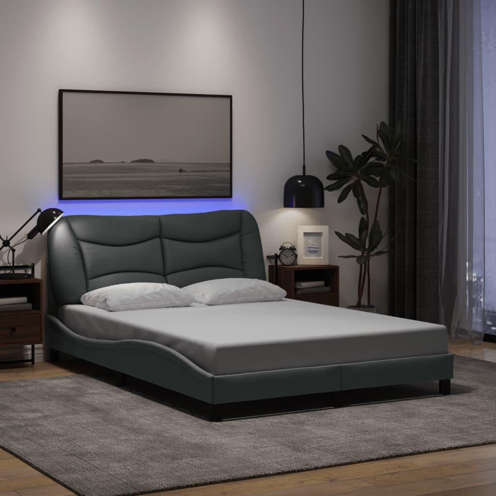 Bed Frame with LED without Mattress "Hvar" Light Grey 140x190 cm Fabric