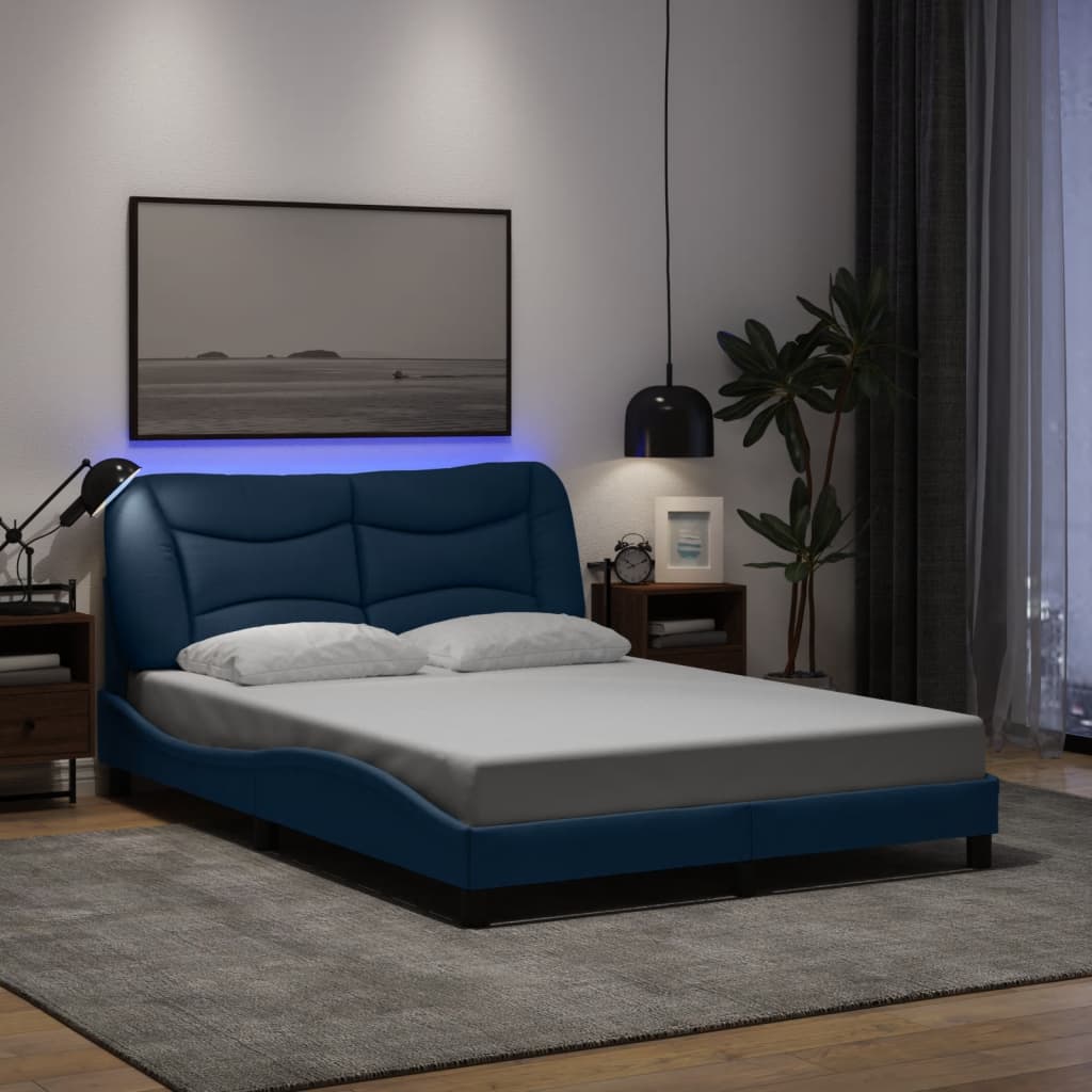Bed Frame with LED without Mattress "Hvar" Blue 140x190 cm Fabric