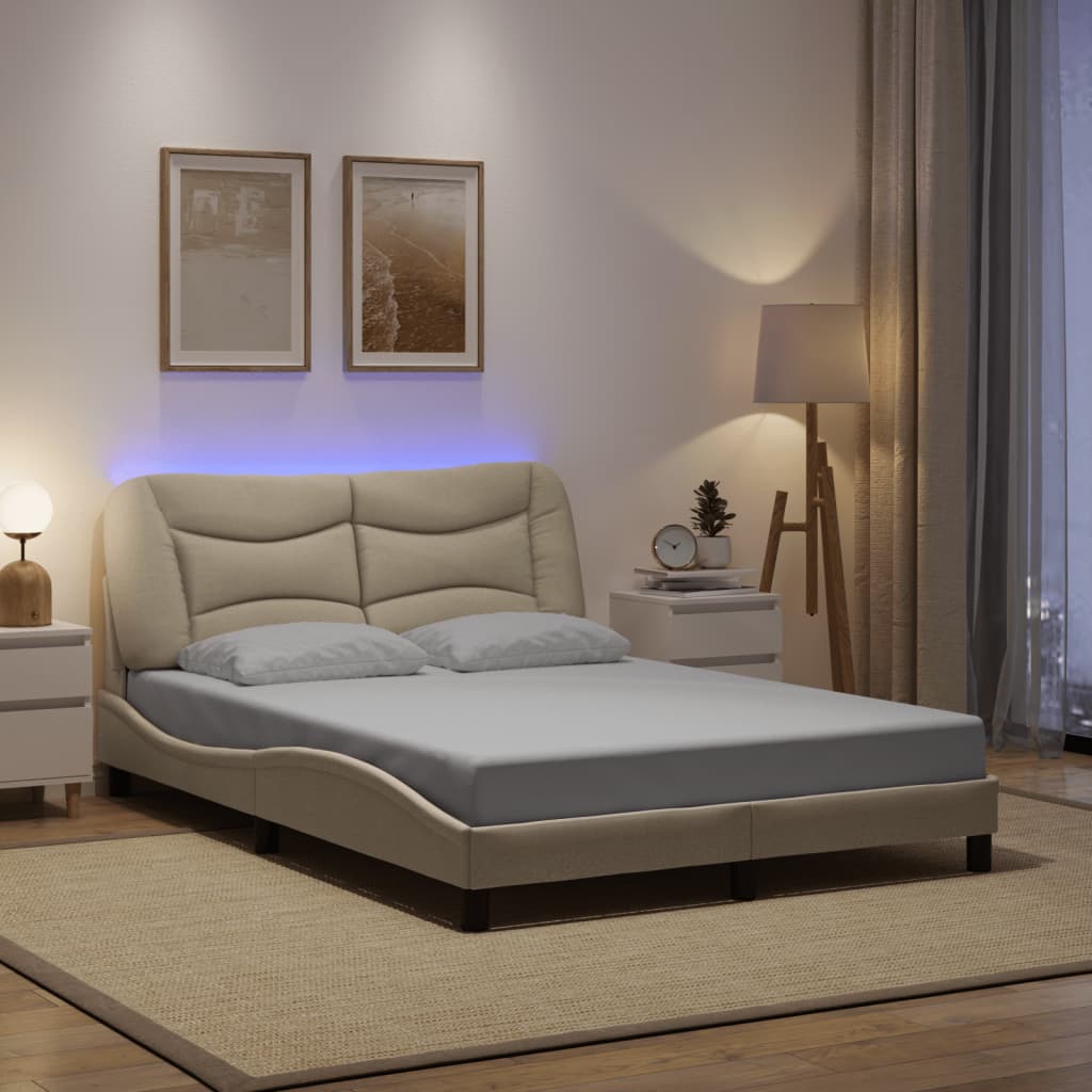 Bed Frame with LED without Mattress "Hvar" Cream 140x200 cm Fabric