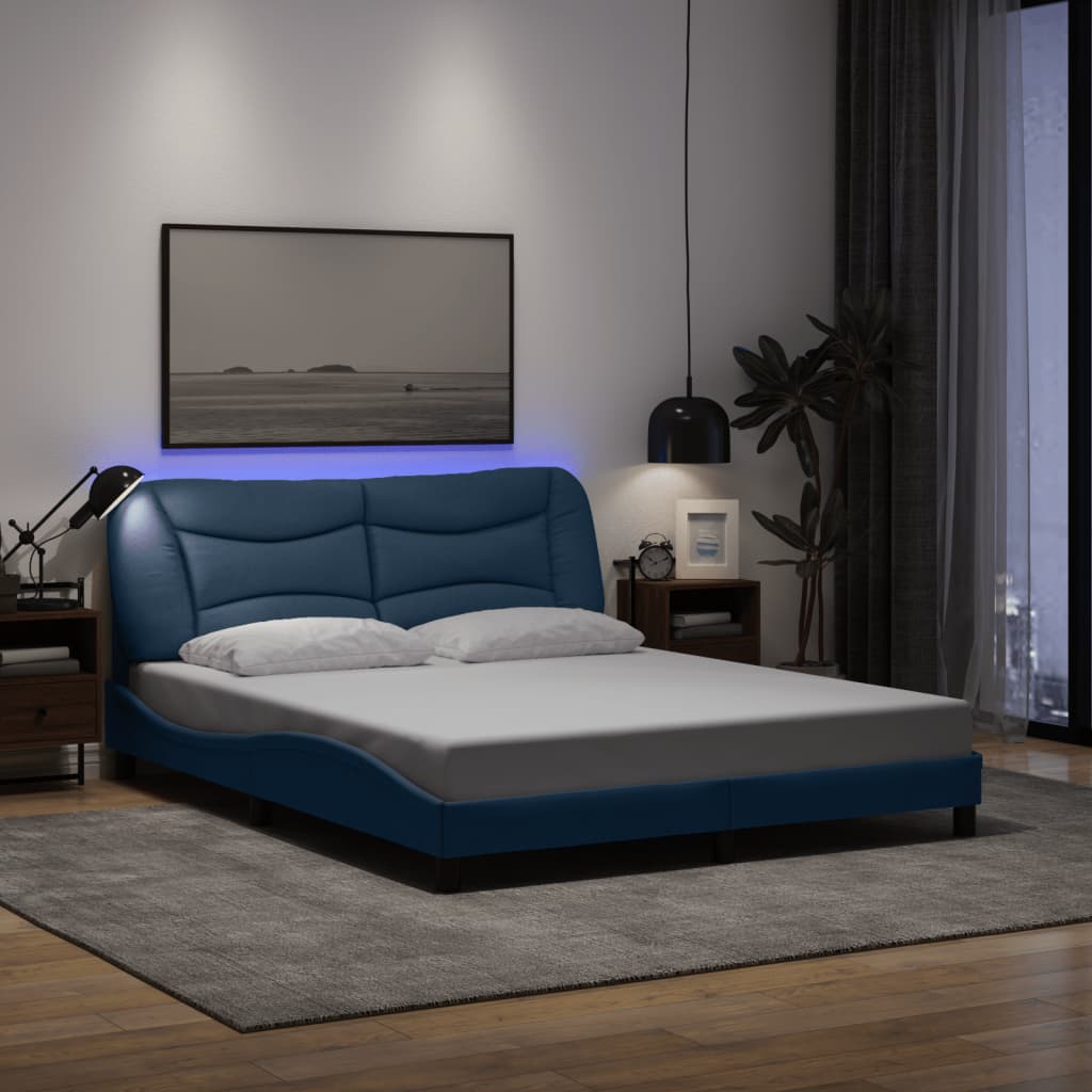 Bed Frame with LED without Mattress "Hvar" Blue 160x200 cm Fabric