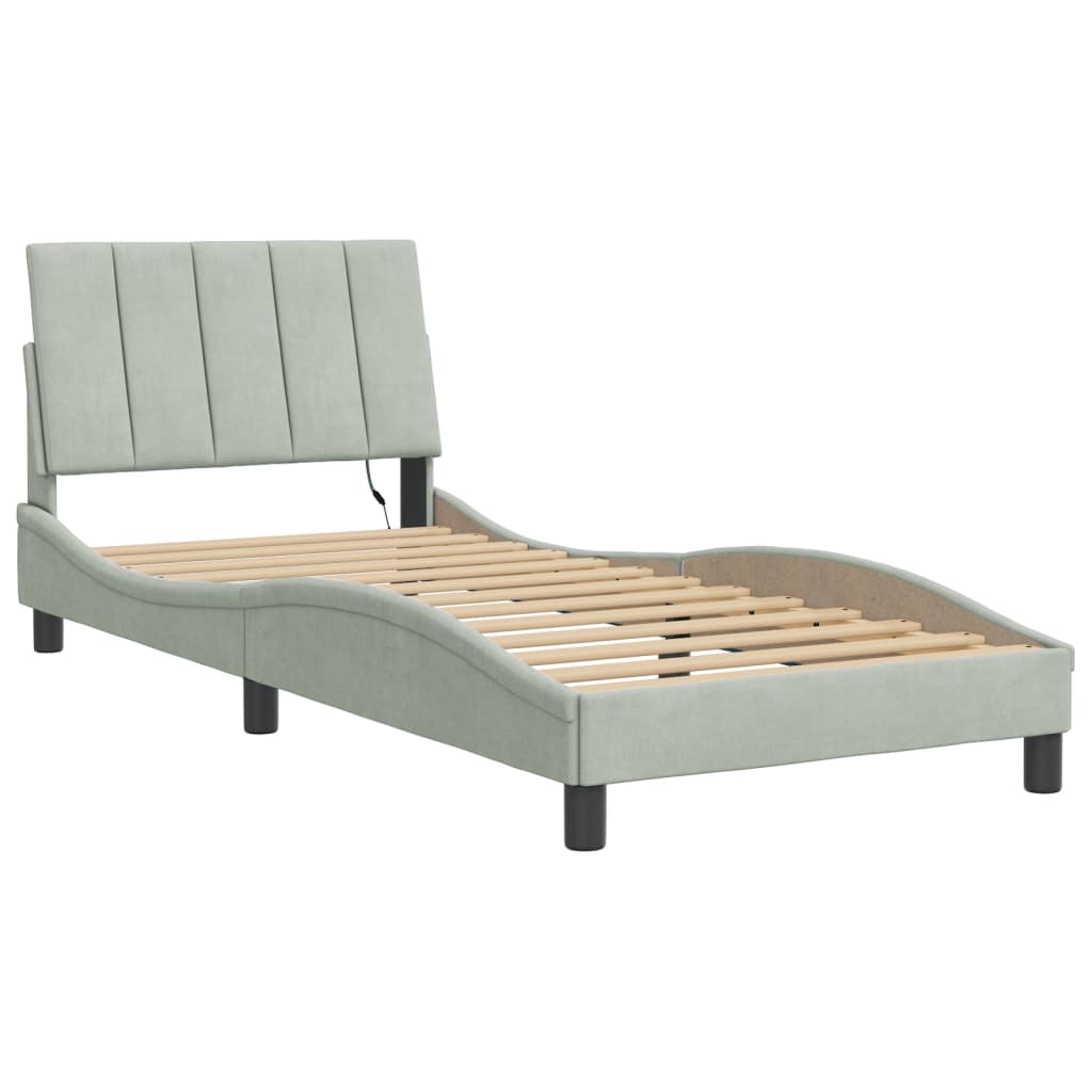 Bed Frame with LED without Mattress "Hanko" Light Grey 80x200 cm Velvet