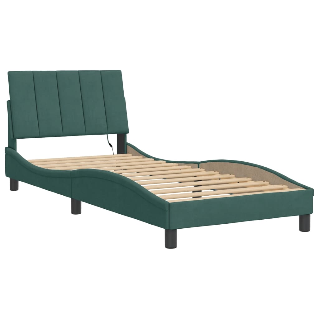 Bed Frame with LED without Mattress "Hanko" Dark Green 80x200 cm Velvet