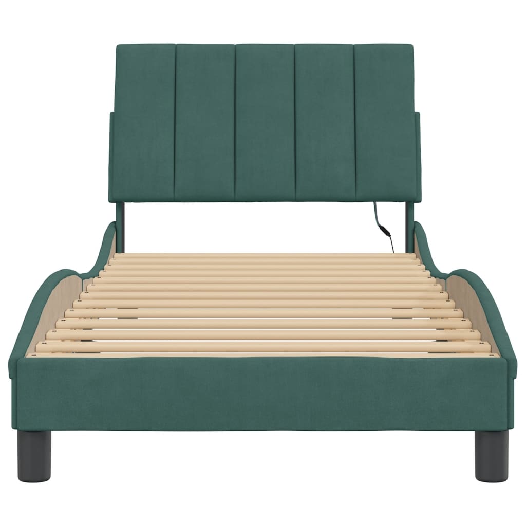 Bed Frame with LED without Mattress "Hanko" Dark Green 80x200 cm Velvet
