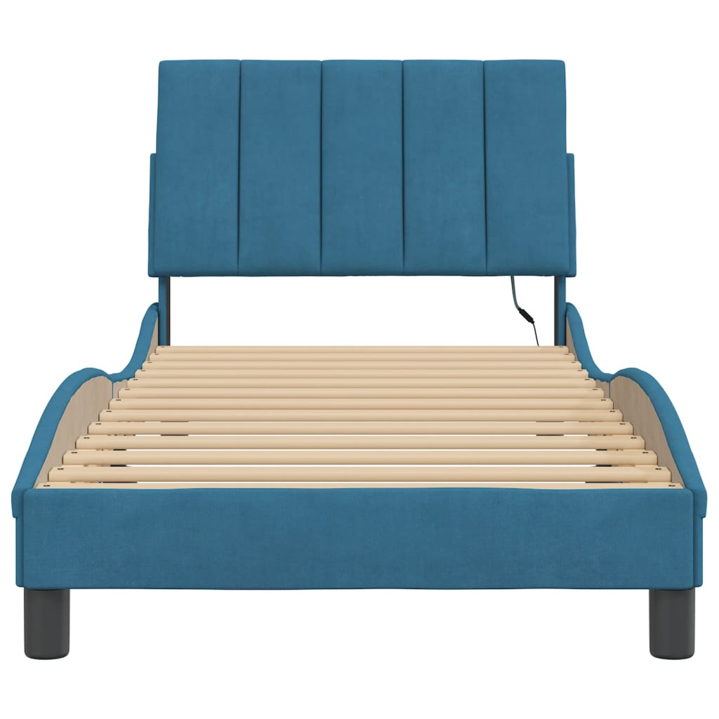 Bed Frame with LED without Mattress "Hanko" Blue 80x200 cm Velvet