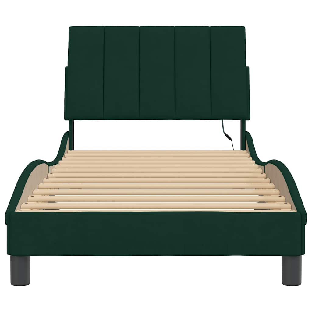 Bed Frame with LED without Mattress "Hanko" Dark Green 90x190 cm Velvet