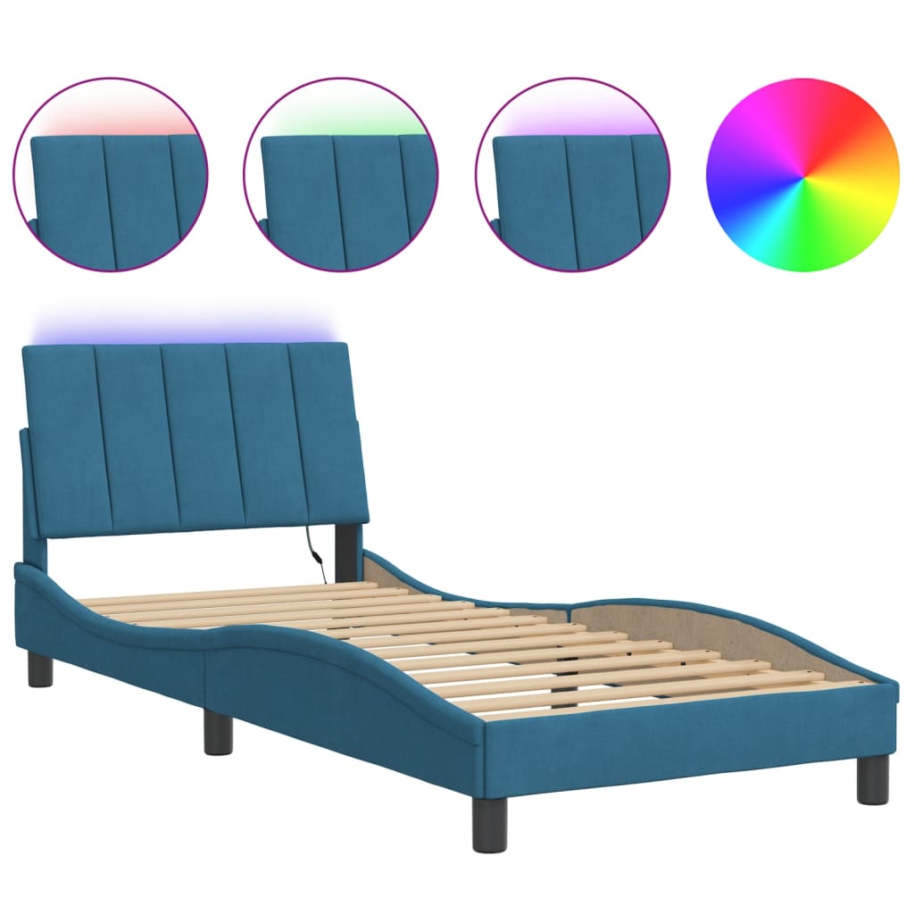 Bed Frame with LED without Mattress "Hanko" Blue 90x190 cm Velvet
