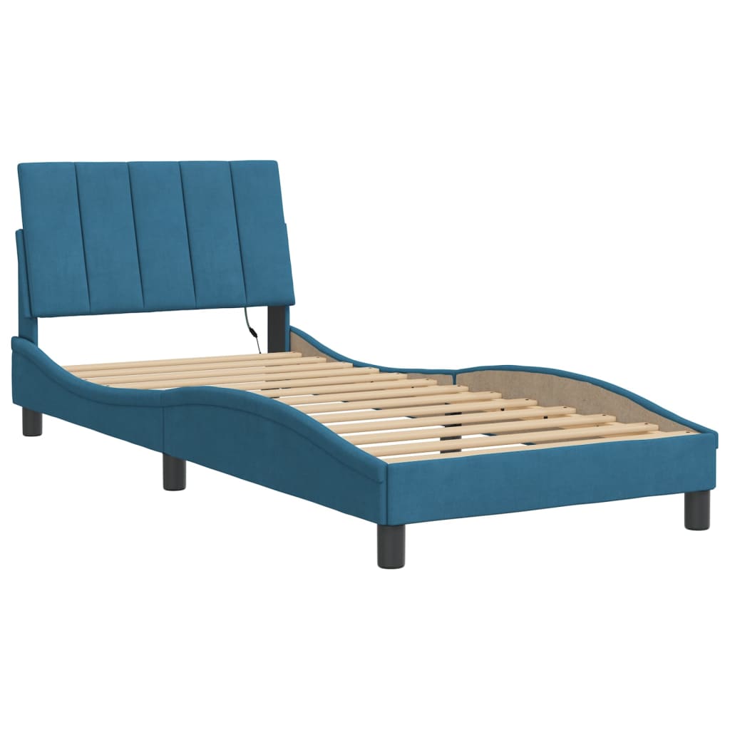 Bed Frame with LED without Mattress "Hanko" Blue 90x190 cm Velvet