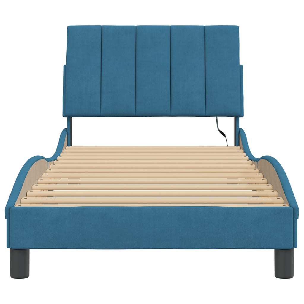 Bed Frame with LED without Mattress "Hanko" Blue 90x190 cm Velvet