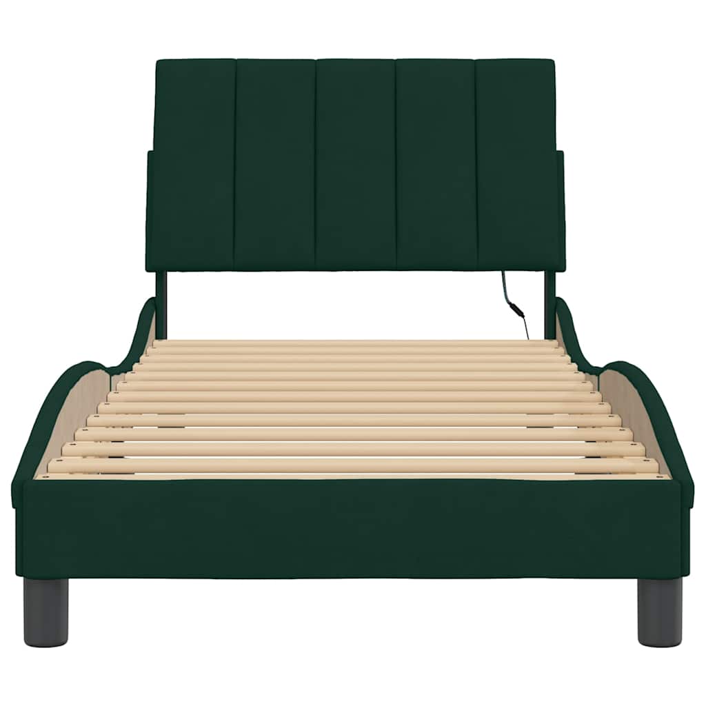 Bed Frame with LED without Mattress "Hanko" Dark Green 90x200 cm Velvet