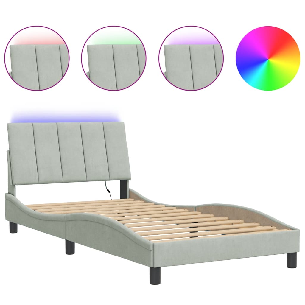 Bed Frame with LED without Mattress "Hanko" Light Grey 100x200 cm Velvet