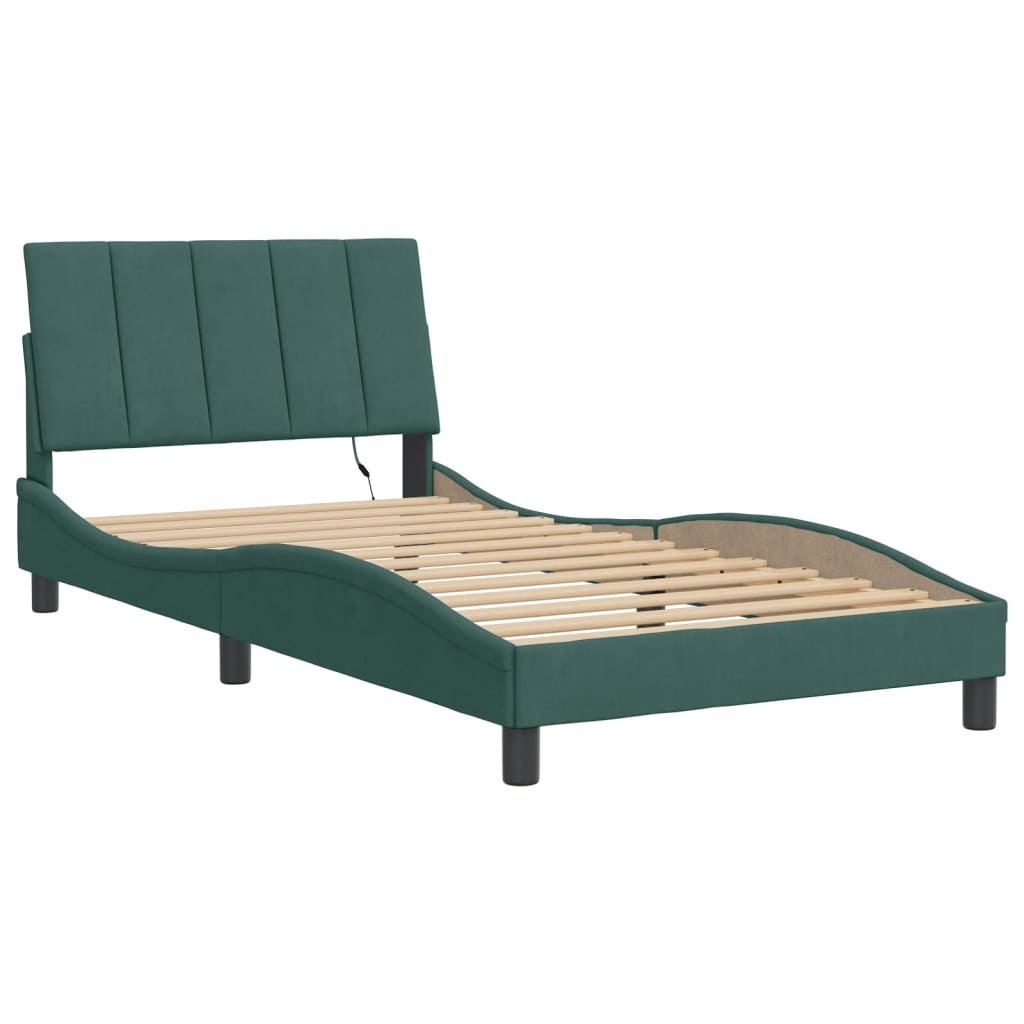 Bed Frame with LED without Mattress "Hanko" Dark Green 100x200 cm Velvet