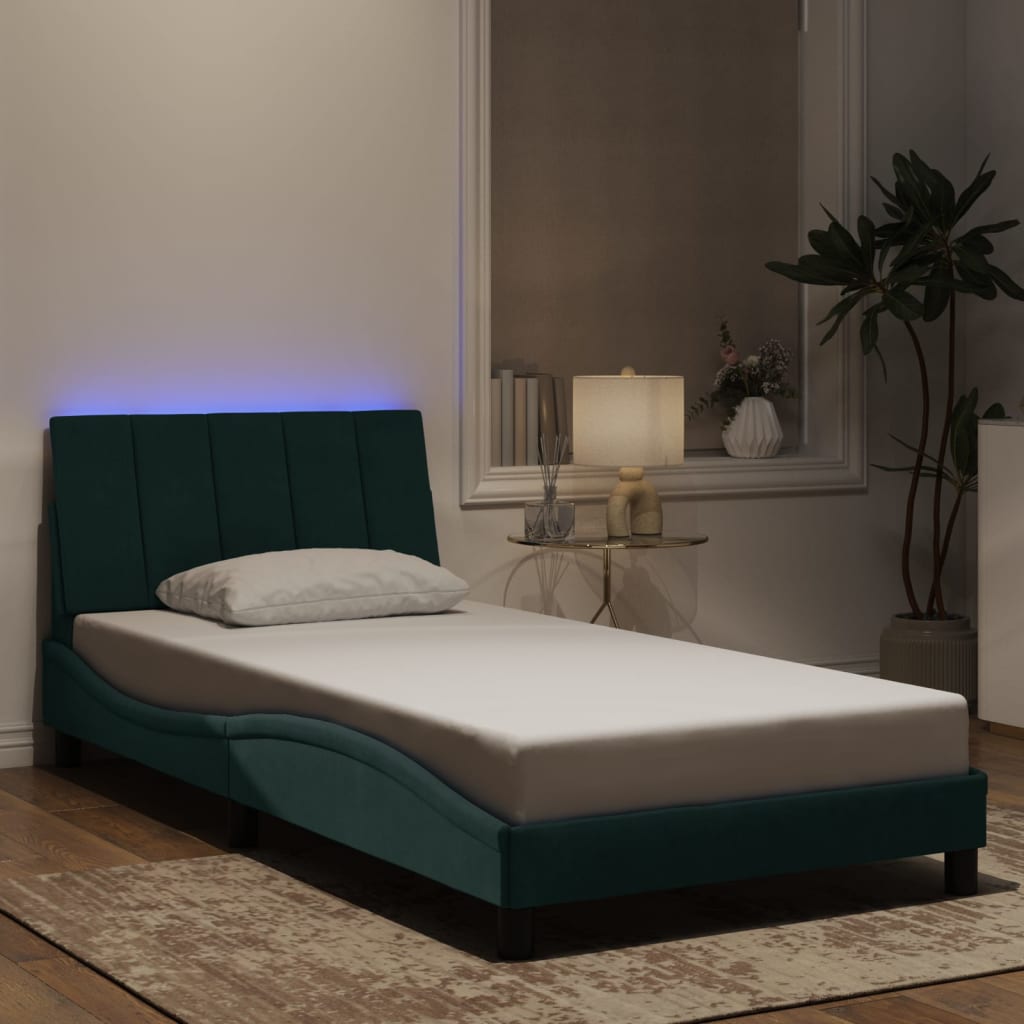 Bed Frame with LED without Mattress "Hanko" Dark Green 100x200 cm Velvet
