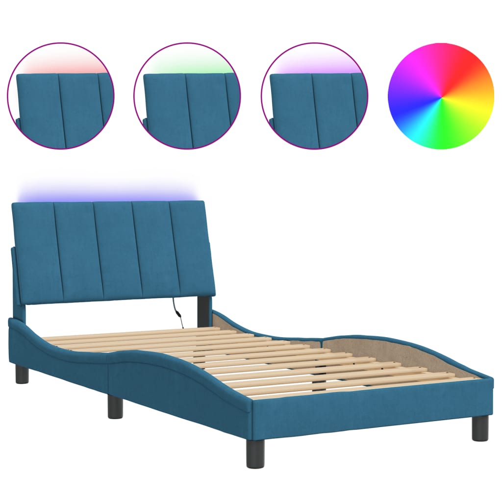 Bed Frame with LED without Mattress "Hanko" Blue 100x200 cm Velvet