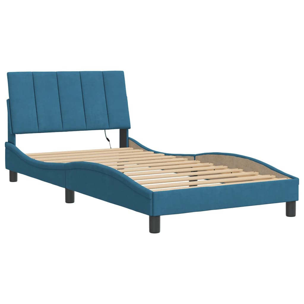 Bed Frame with LED without Mattress "Hanko" Blue 100x200 cm Velvet