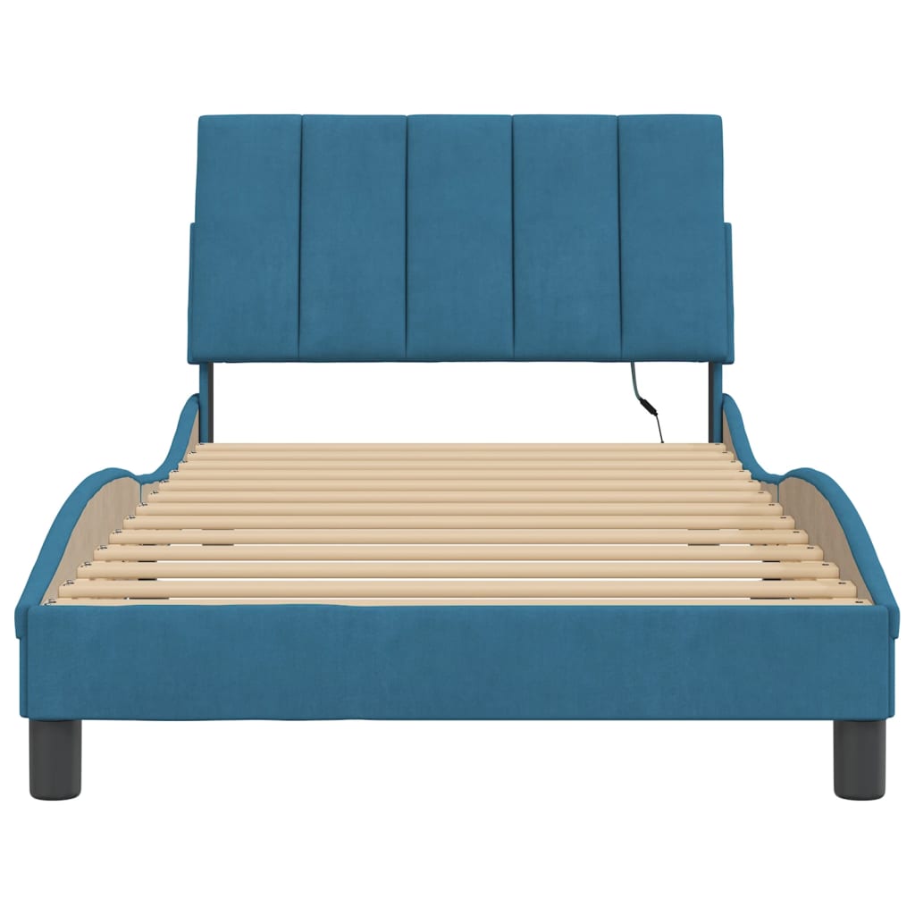 Bed Frame with LED without Mattress "Hanko" Blue 100x200 cm Velvet