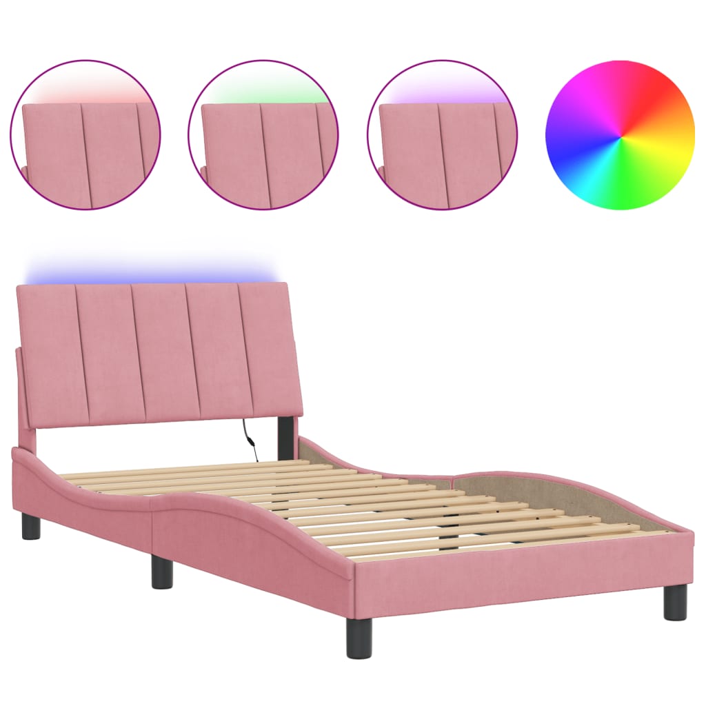Bed Frame with LED without Mattress "Hanko" Pink 100x200 cm Velvet