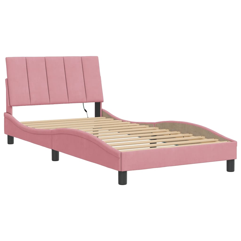 Bed Frame with LED without Mattress "Hanko" Pink 100x200 cm Velvet