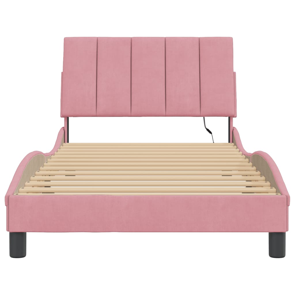Bed Frame with LED without Mattress "Hanko" Pink 100x200 cm Velvet