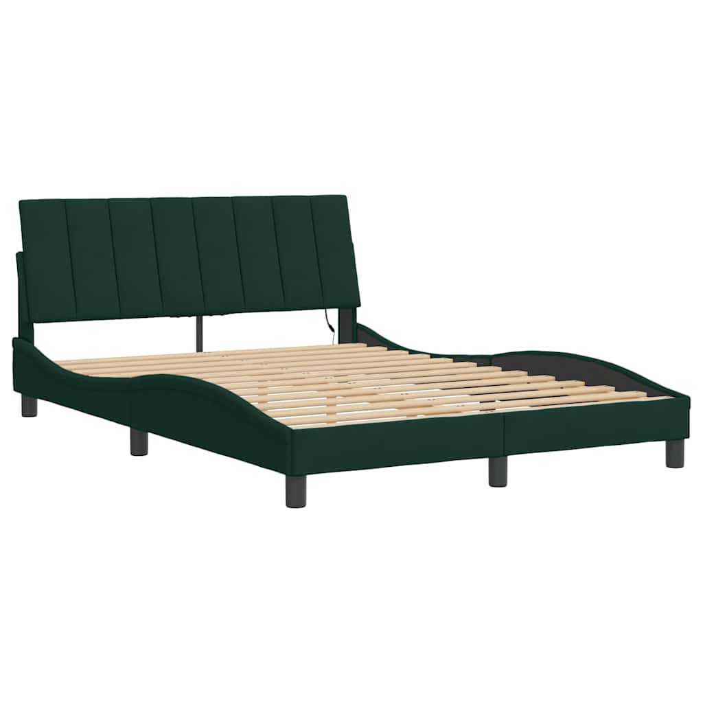 Bed Frame with LED without Mattress "Hanko" Dark Green 140x190 cm Velvet