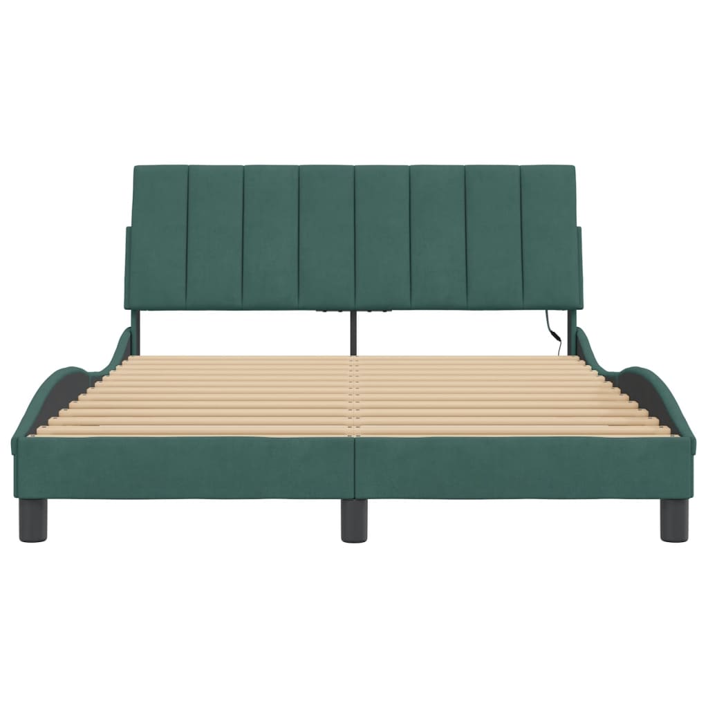 Bed Frame with LED without Mattress "Hanko" Dark Green 140x190 cm Velvet