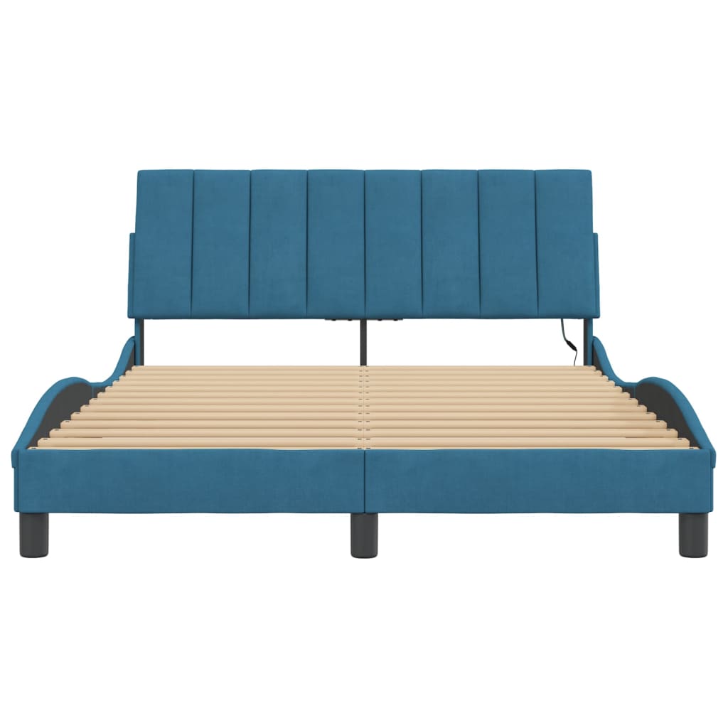 Bed Frame with LED without Mattress "Hanko" Blue 140x190 cm Velvet