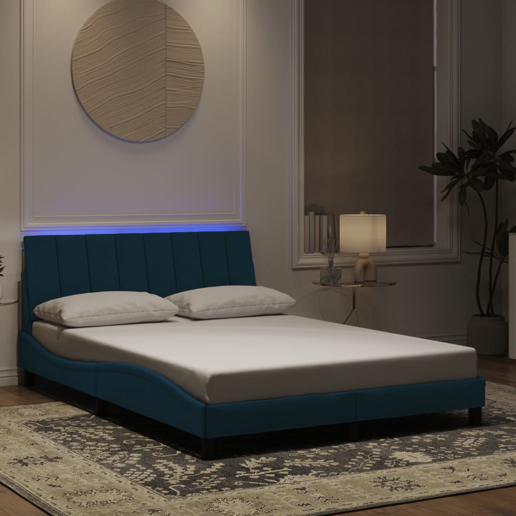 Bed Frame with LED without Mattress "Hanko" Blue 140x190 cm Velvet
