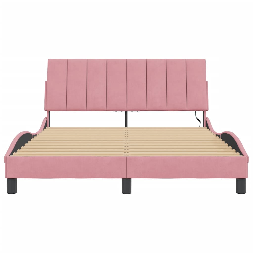 Bed Frame with LED without Mattress "Hanko" Pink 140x190 cm Velvet