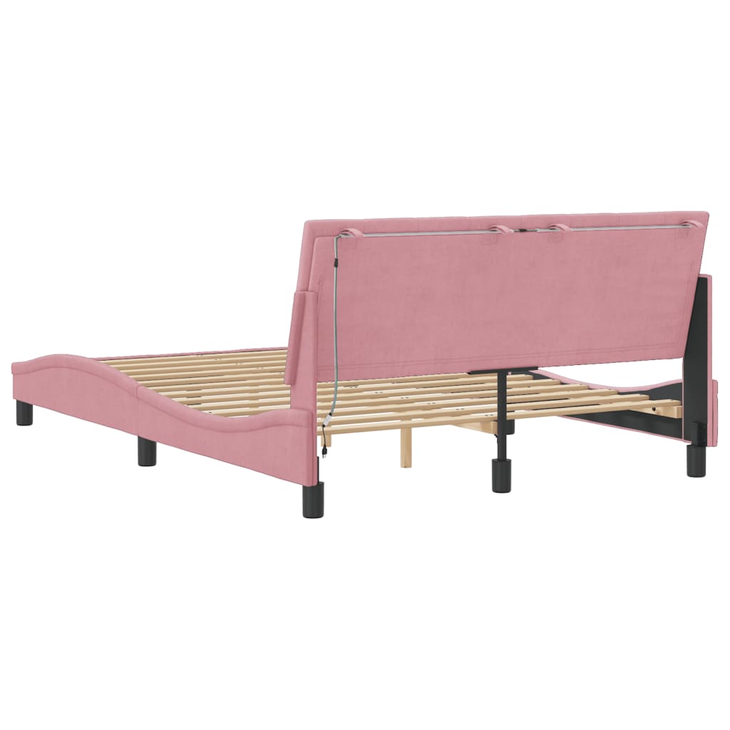 Bed Frame with LED without Mattress "Hanko" Pink 140x190 cm Velvet