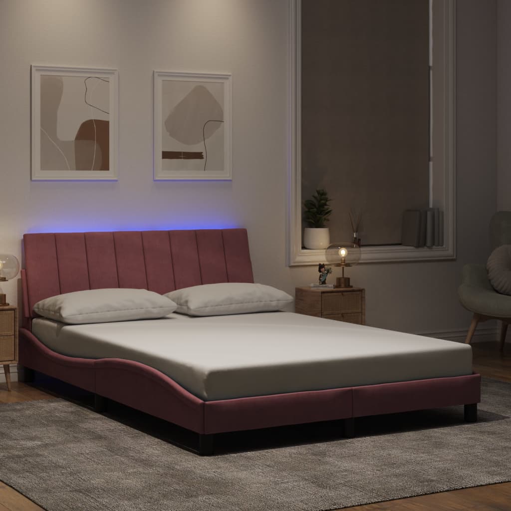 Bed Frame with LED without Mattress "Hanko" Pink 140x190 cm Velvet