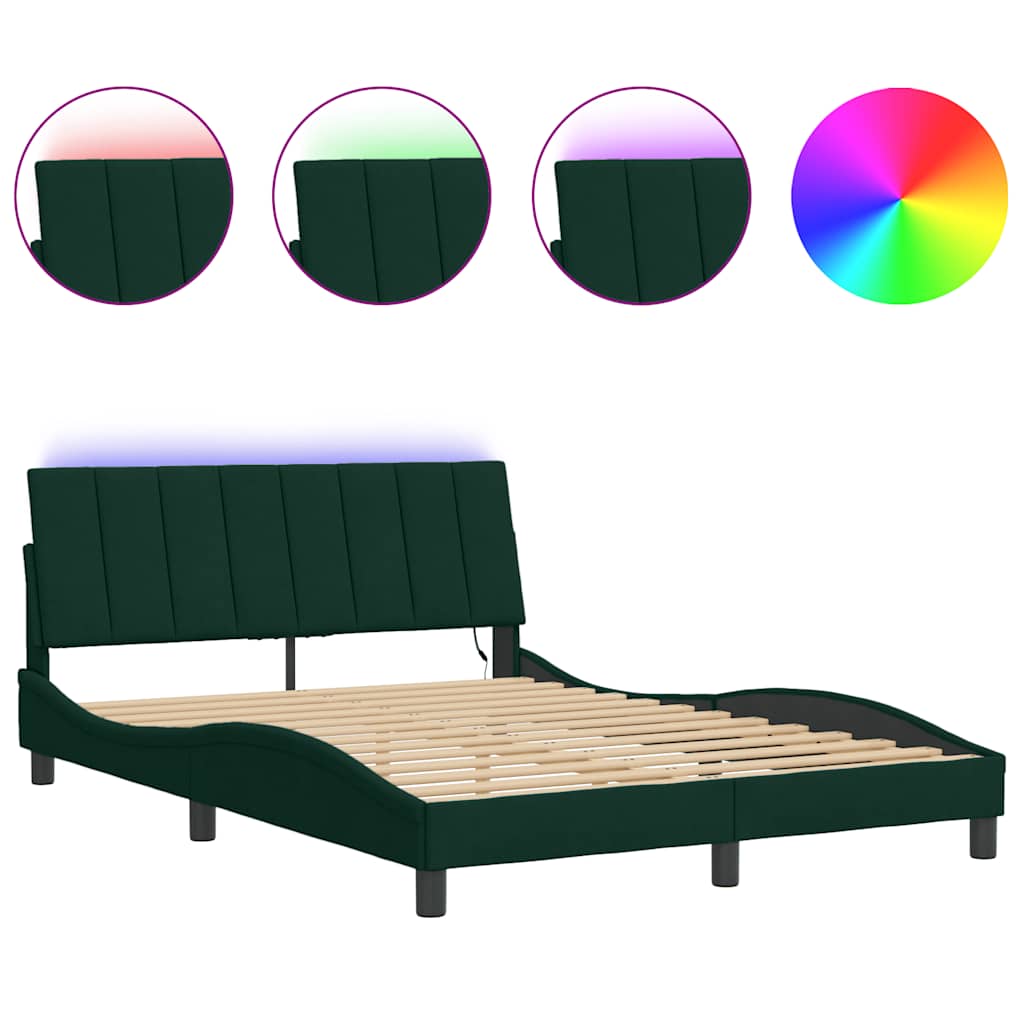 Bed Frame with LED without Mattress "Hanko" Dark Green 140x200 cm Velvet