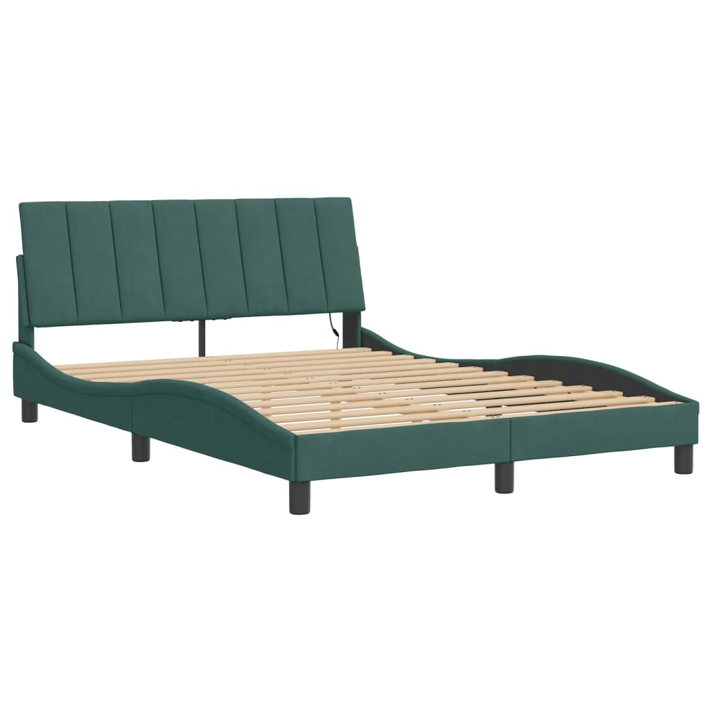Bed Frame with LED without Mattress "Hanko" Dark Green 140x200 cm Velvet