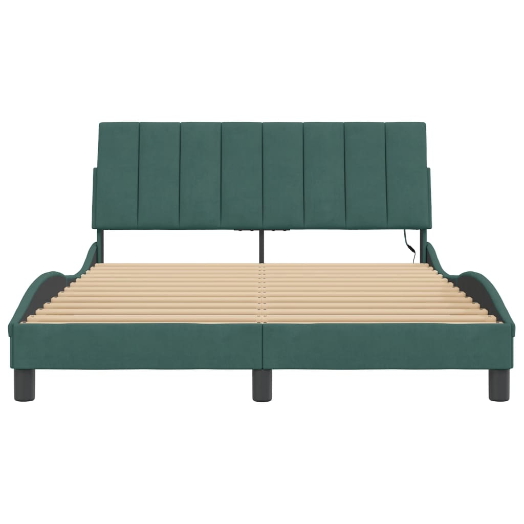 Bed Frame with LED without Mattress "Hanko" Dark Green 140x200 cm Velvet