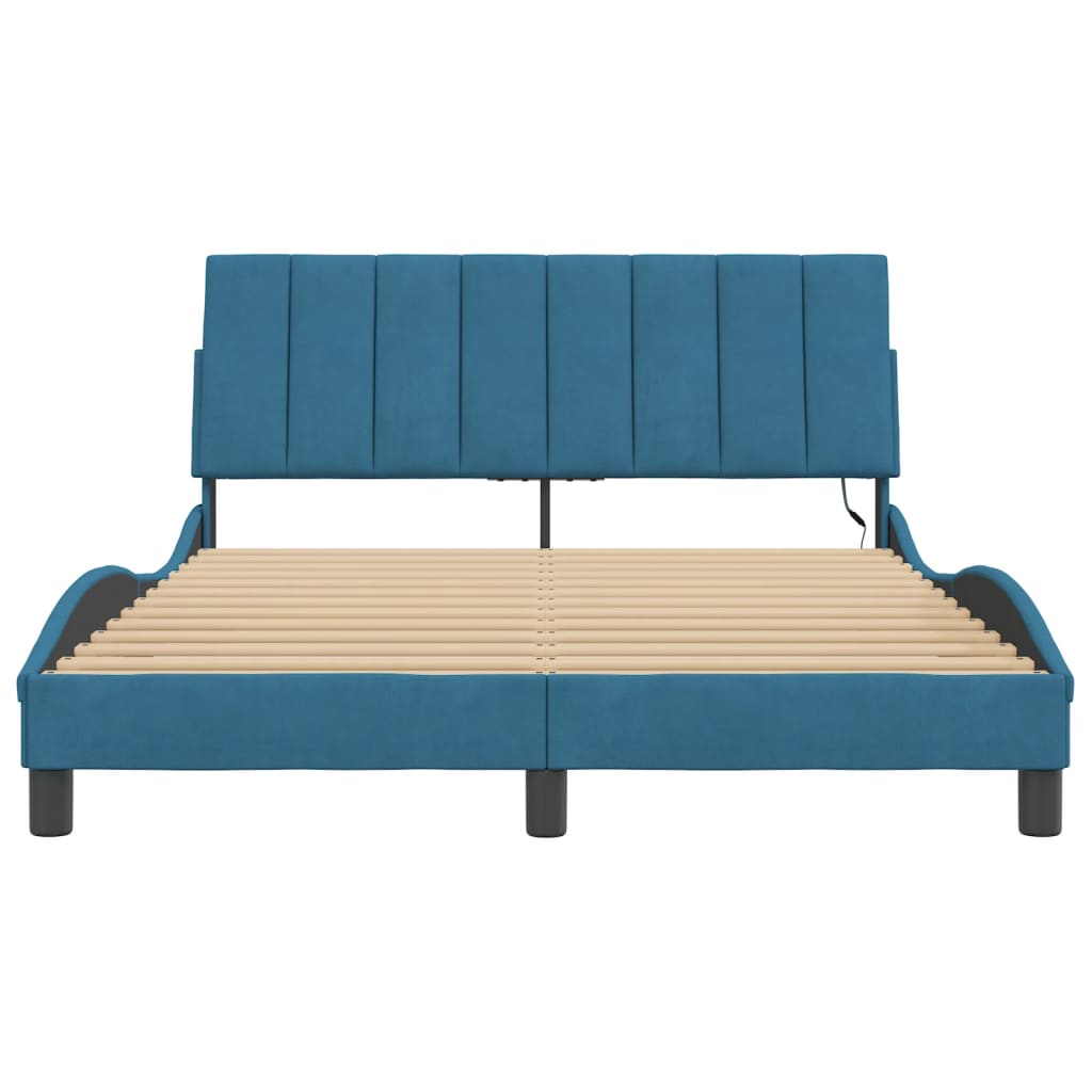 Bed Frame with LED without Mattress "Hanko" Blue 140x200 cm Velvet