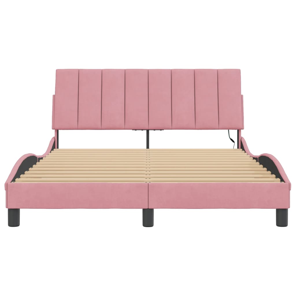 Bed Frame with LED without Mattress "Hanko" Pink 140x200 cm Velvet