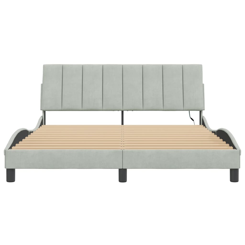 Bed Frame with LED without Mattress "Hanko" Light Grey 160x200 cm Velvet