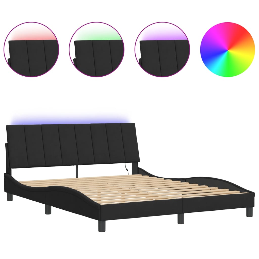 Bed Frame with LED without Mattress "Hanko" Black 160x200 cm Velvet