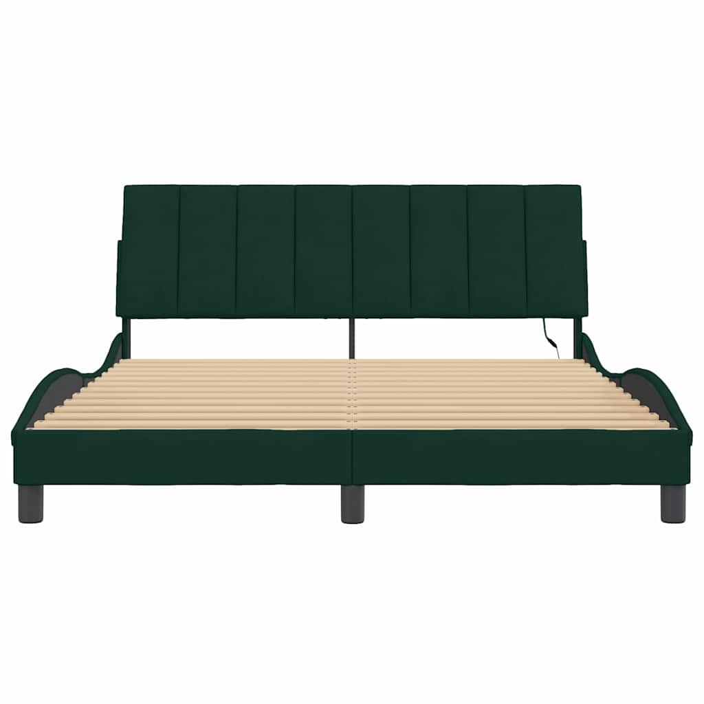 Bed Frame with LED without Mattress "Hanko" Dark Green 160x200 cm Velvet