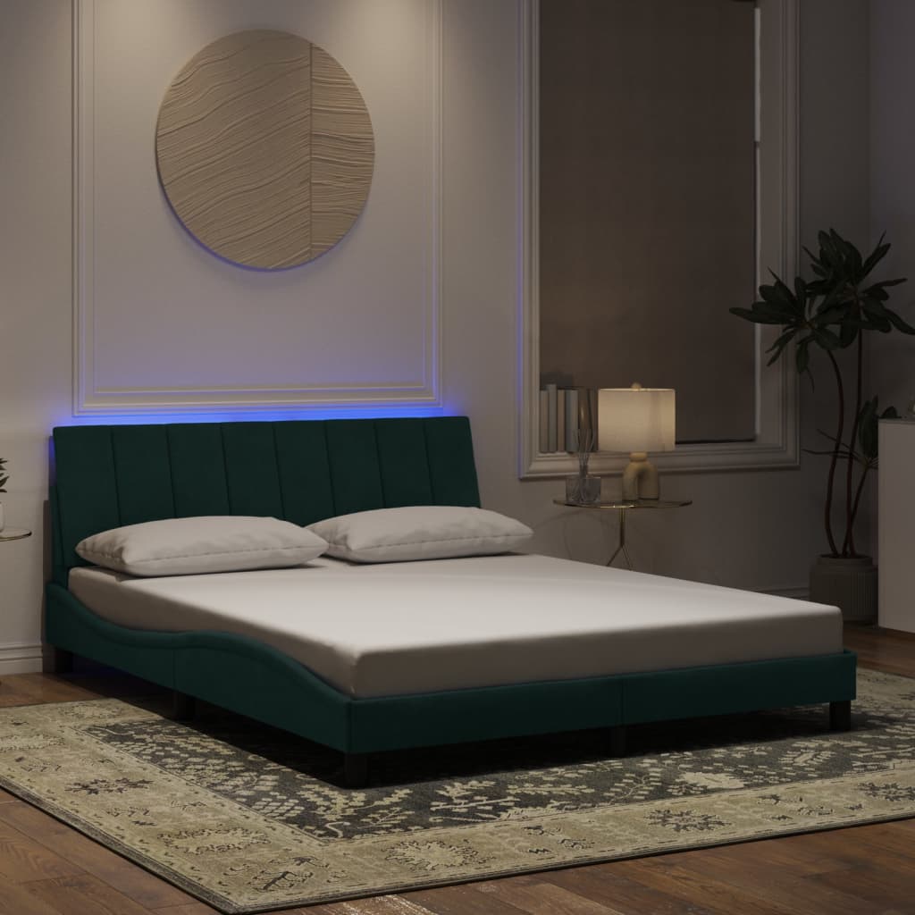 Bed Frame with LED without Mattress "Hanko" Dark Green 160x200 cm Velvet